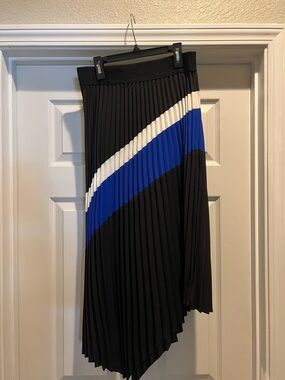 DKNY Black Asymmetrical Pleated Skirt with Blue and White Stripe